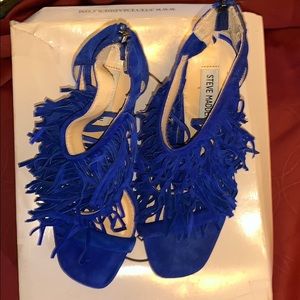 Blue suede Steve Madden Fringe sandals.
